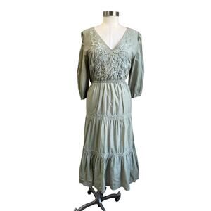 Lucky Brand Sage Green Embroidered Maxi Dress Cottagecore Boho Size XL